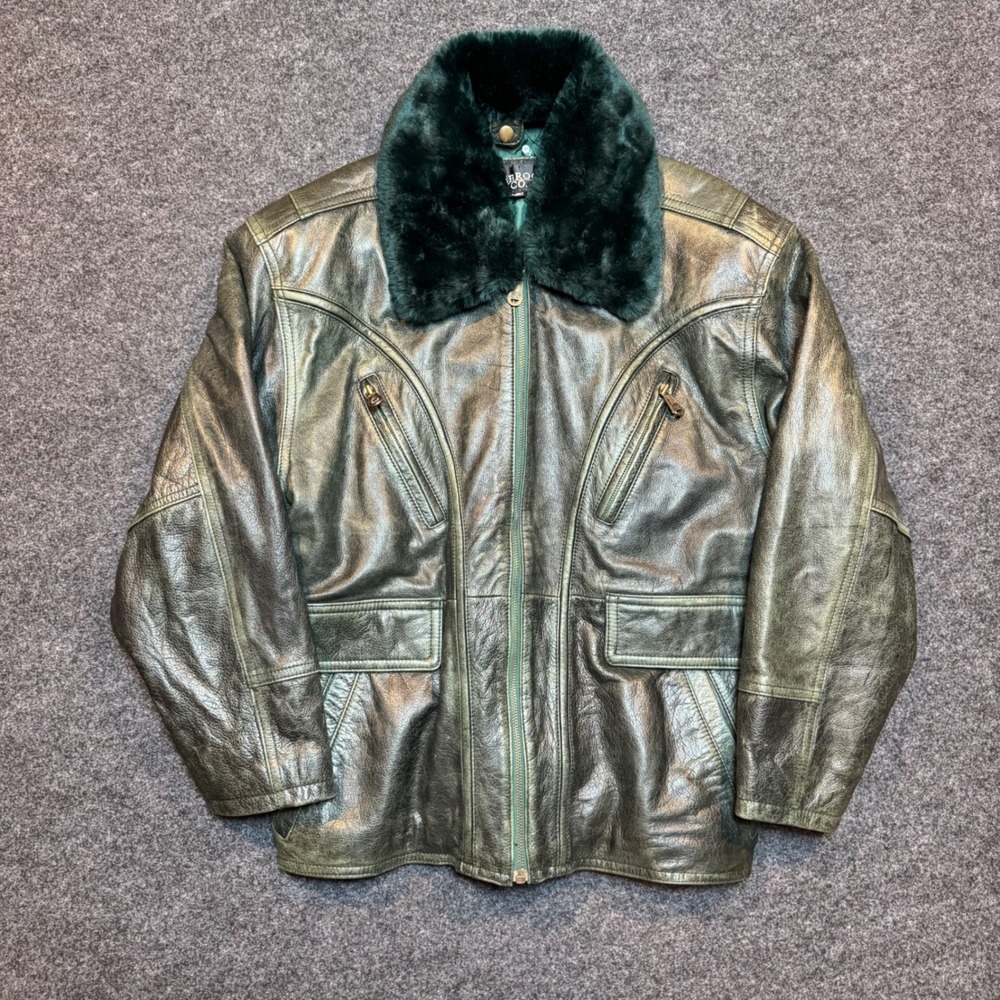 Vintage Colebrook & Co Green Leather Jacket Faux Fur Collar M Distressed Bomber